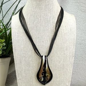 Gorgeous Blown Glass Pendant & Ribbon Necklace